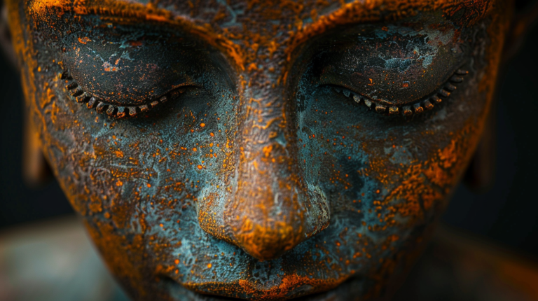 Metal sculpture of buddha's face